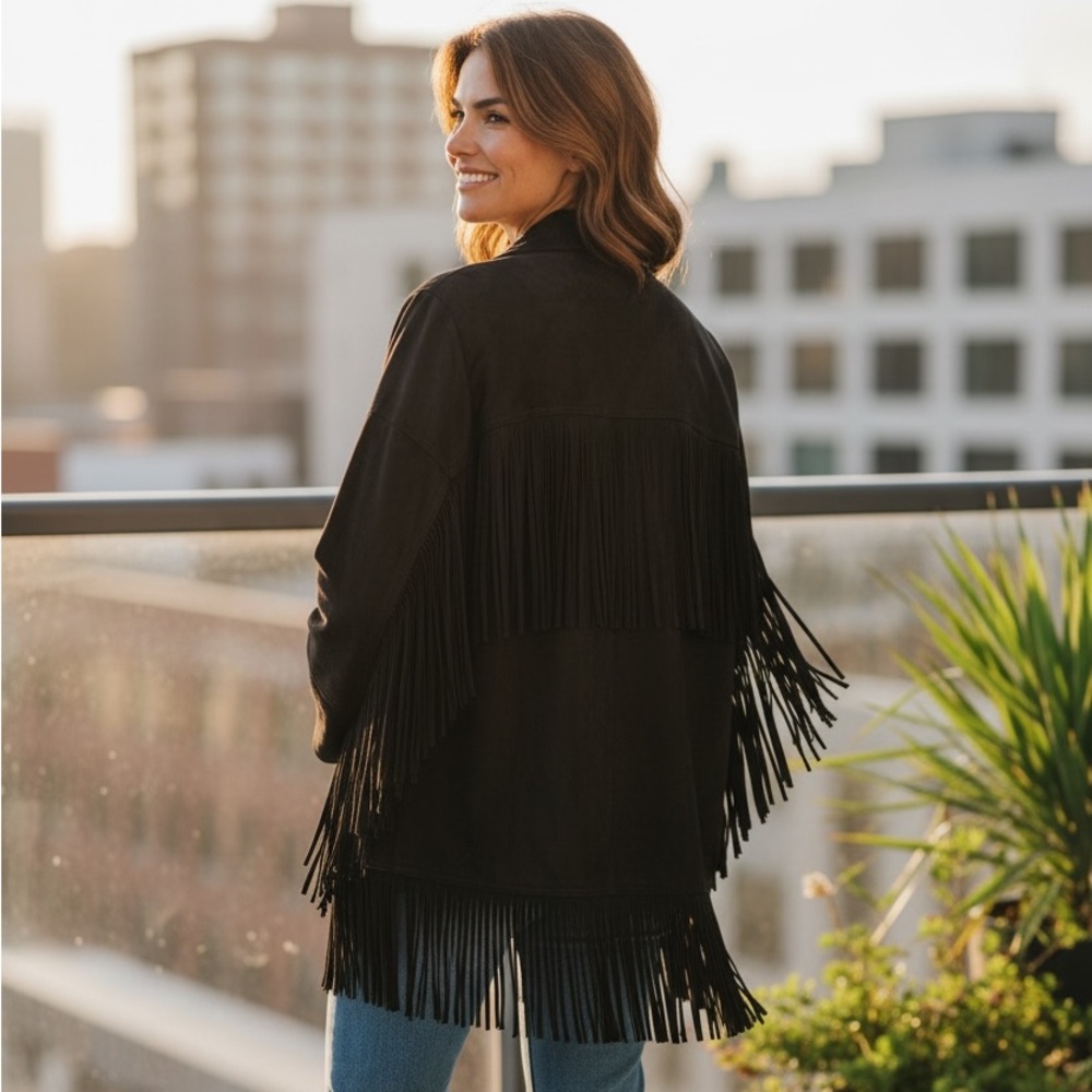 Zara Black Fringe Western Style Retro Jacket Size L Side Pockets Long Sleeves